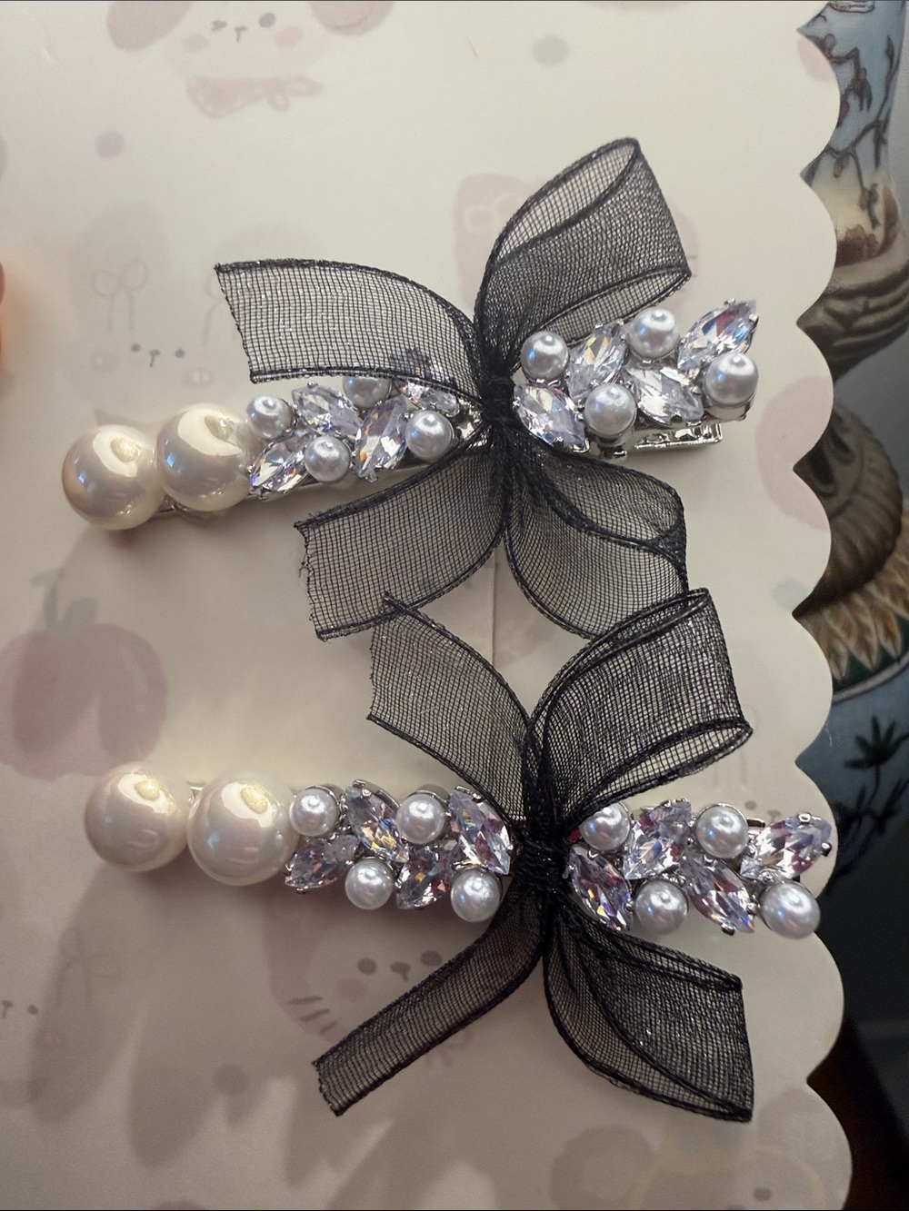 Pearl & Crystal Black Bow Hair Clips - Women Accessories
